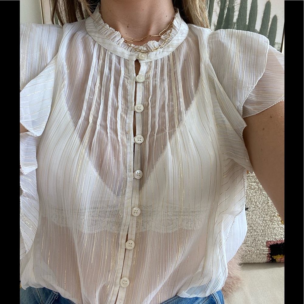 Cleobella white sheer top with gold threading.